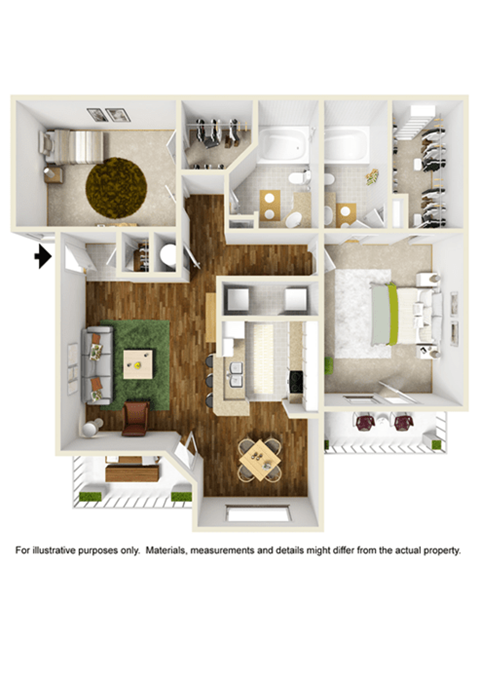Floor plan for 2 beds, 2 baths, 1050 sqft